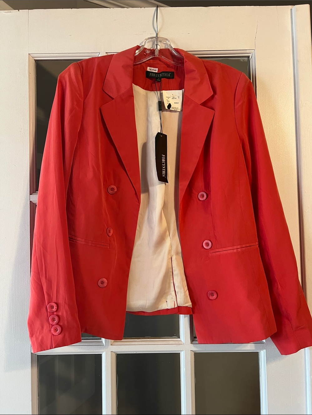 For Cynthia Coral Double-Breasted Blazer with Cream Lining